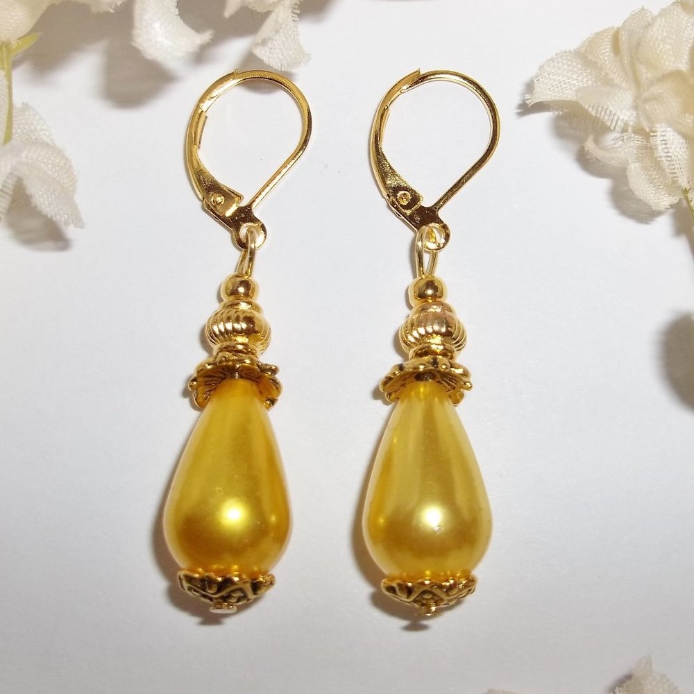 Yellow Gold Pearl Earring Teardrop Jewelry Set Yellow Pearl Earring Set New 3702